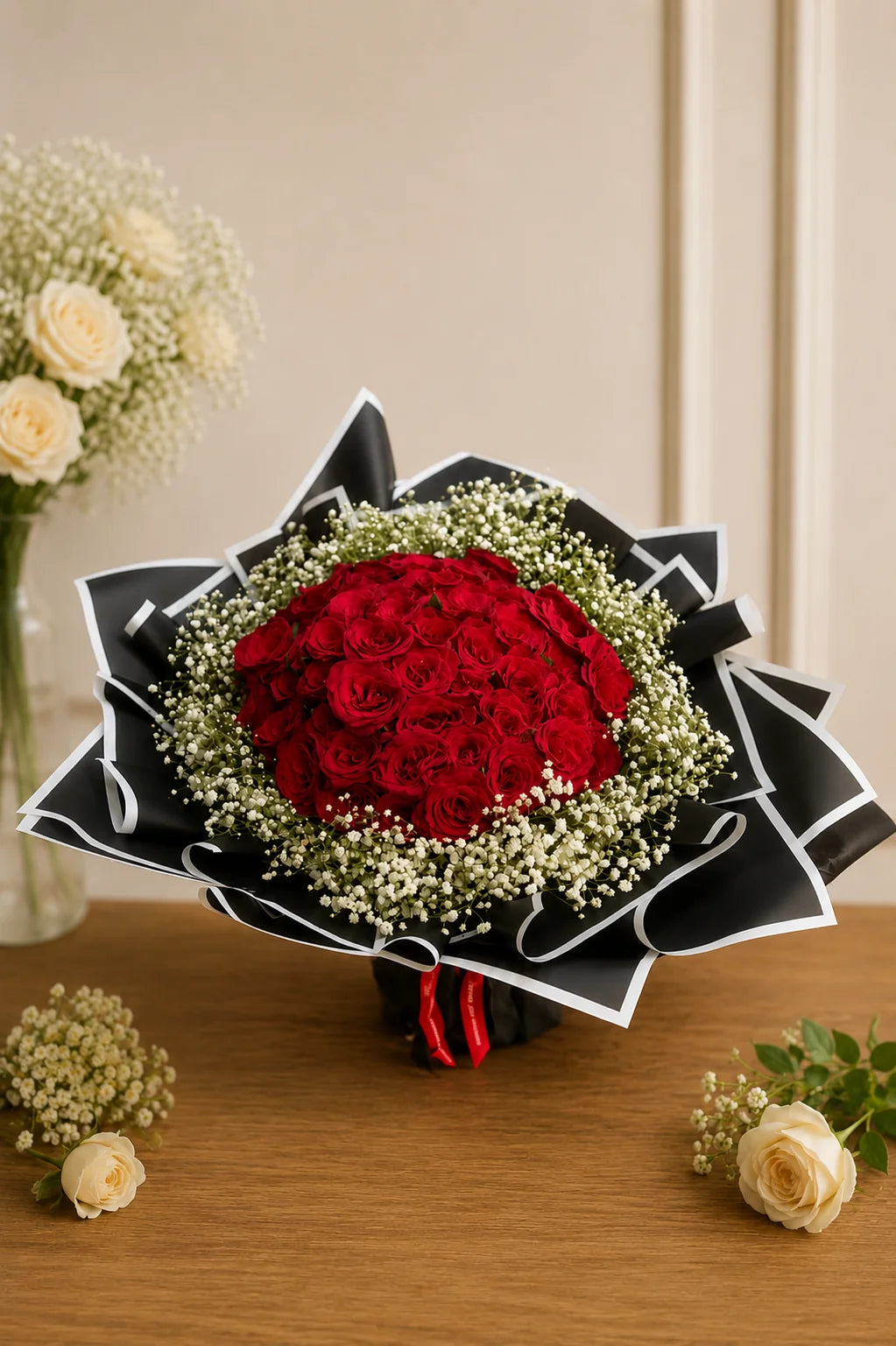 Opulent Crimson Rose & Baby's Breath Bouquet handcrafted luxury gift hamper by The Baking Kaur Meerut