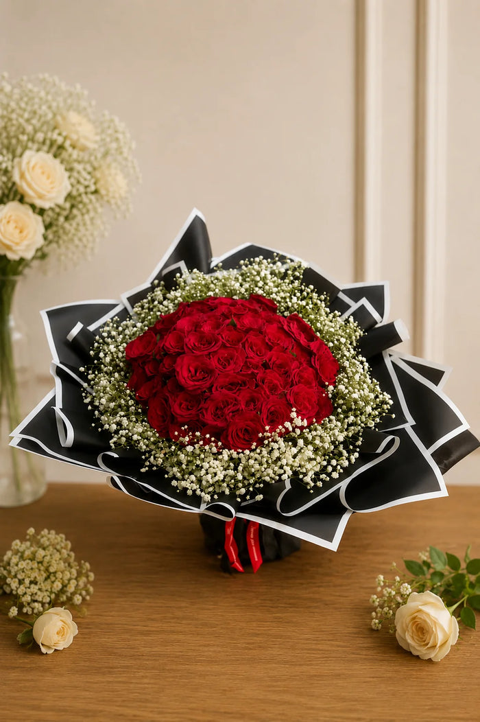 Opulent Crimson Rose & Baby's Breath Bouquet