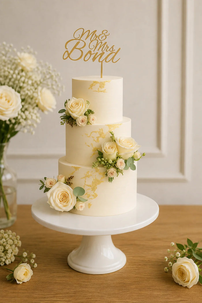 Three-Tier Elegant Floral & Gold Leaf Celebration Cake