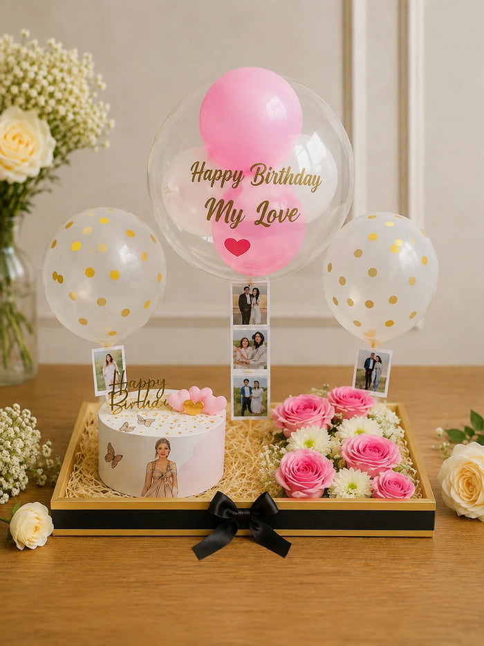 Personalized Pink Rose & Bobo Balloon Birthday Luxury Hamper