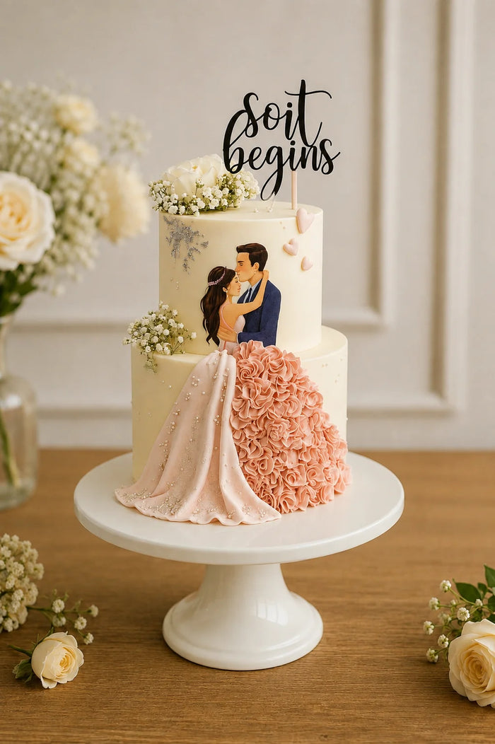 Two-Tier Engagement couple with sculpted ruffled gown Celebration Cake