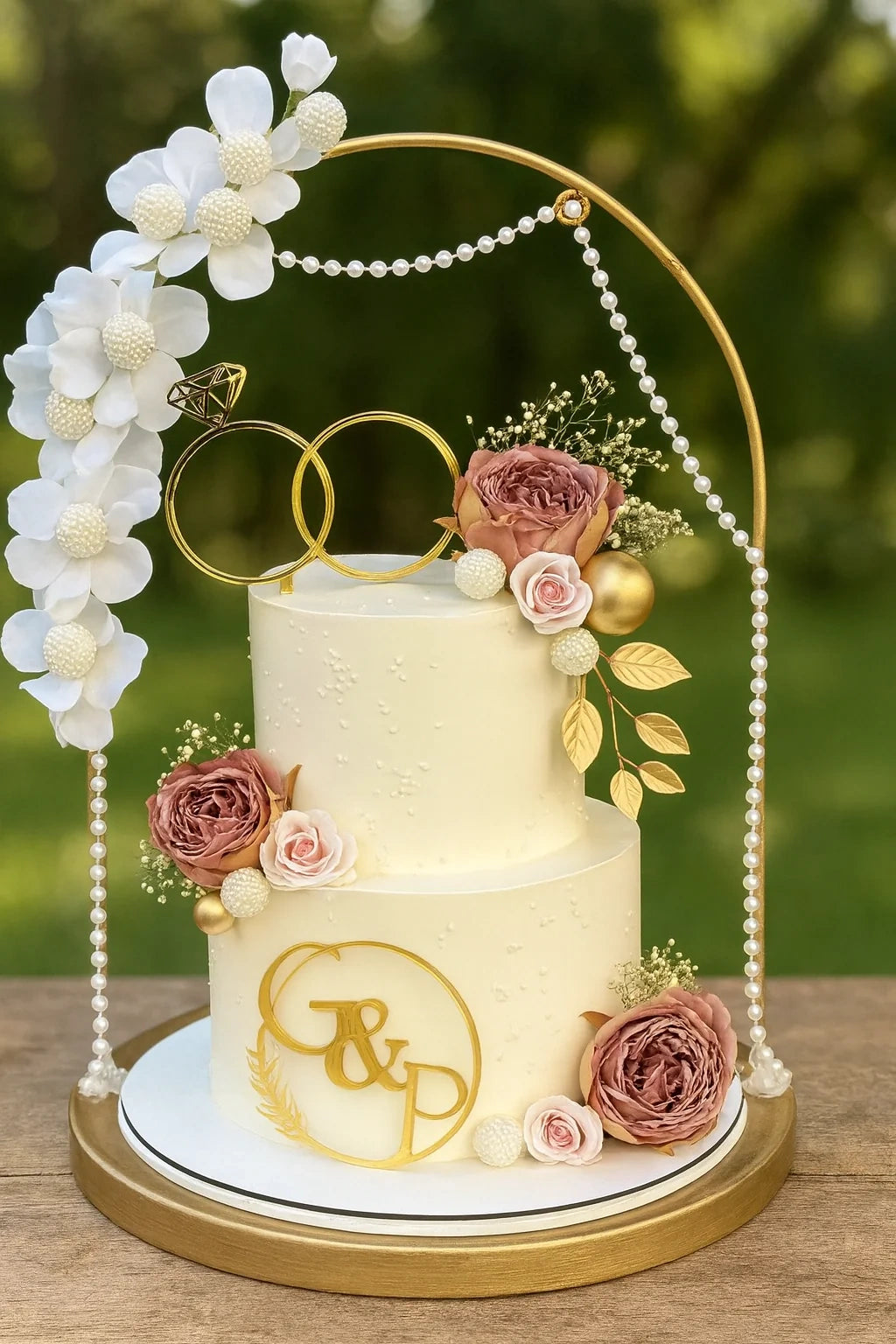Golden Leaf Wedding Cake two tier wedding cake in Meerut by The Baking Kaur — delicate floral decorations and natural-inspired design with fresh or sugar flowers. Perfect for weddings, engagements, and anniversary celebrations.