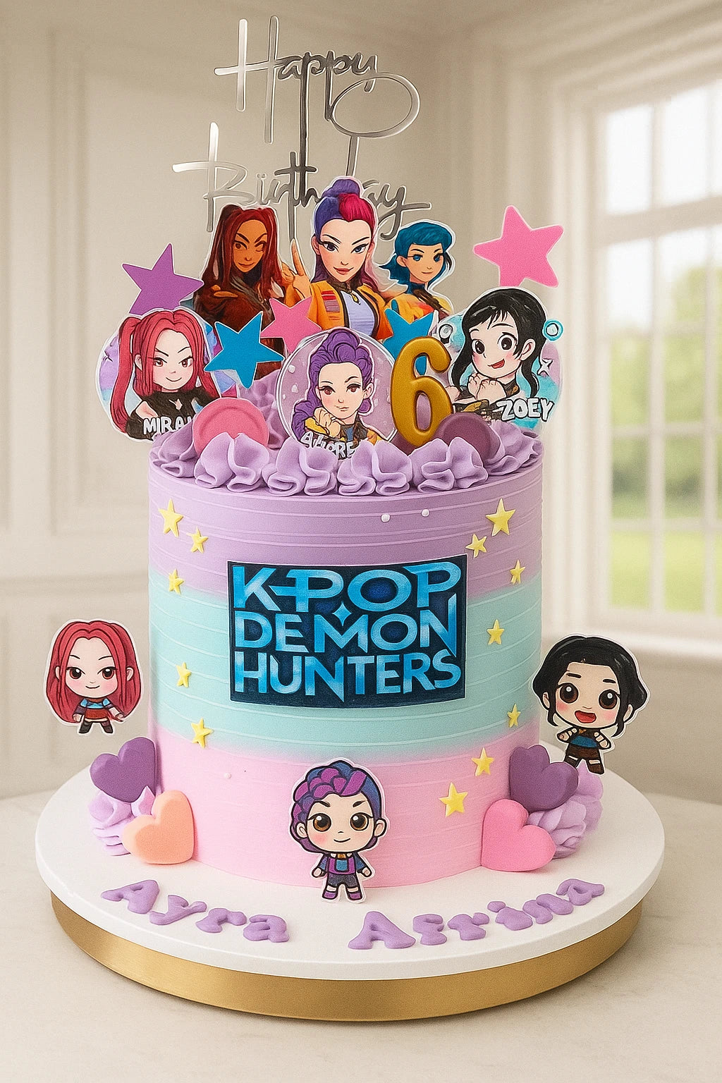 Colorful birthday cake with K-Pop Demon Hunters characters and decorations.
