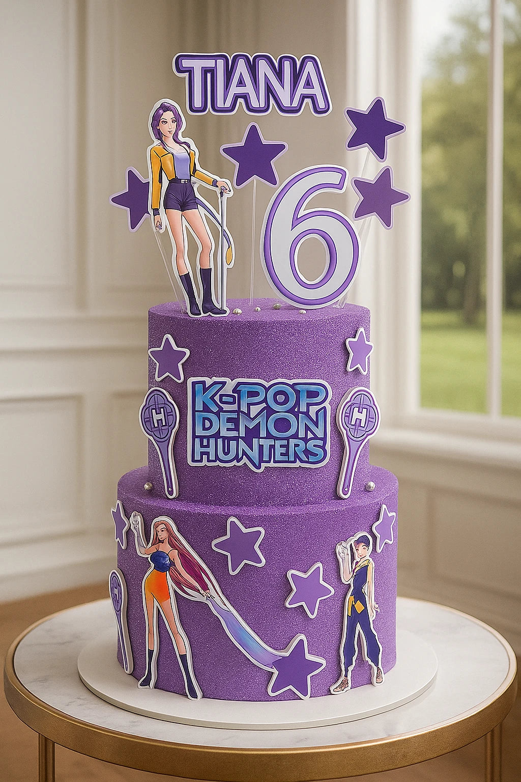 Purple birthday cake with K-Pop Demon Hunters theme, including star decorations and character figures.