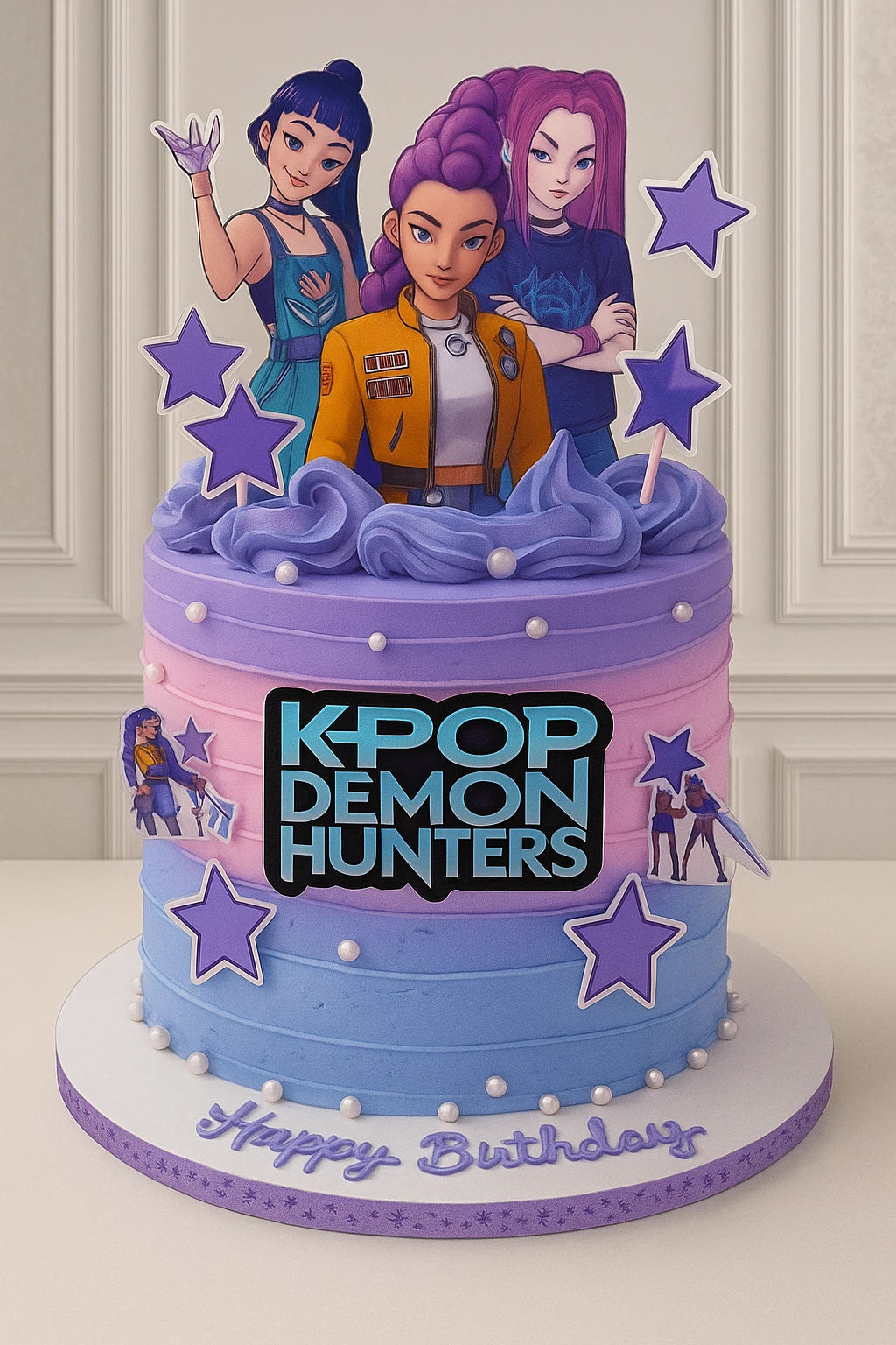 Birthday cake with 'K-Pop Demon Hunters' theme and character decorations.
