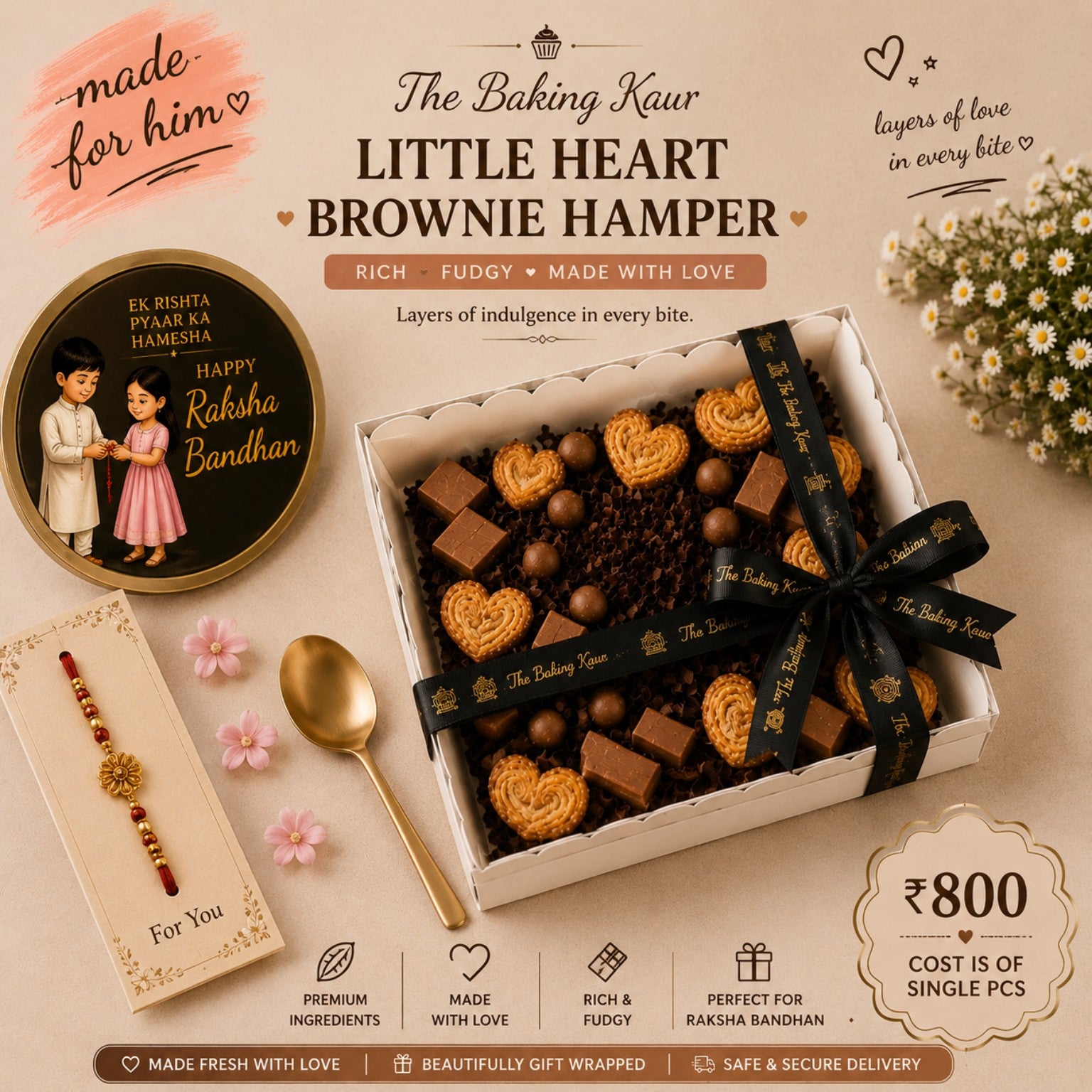 Little Heart Brownie Hamper for Raksha Bandhan by The Baking Kaur, Meerut
