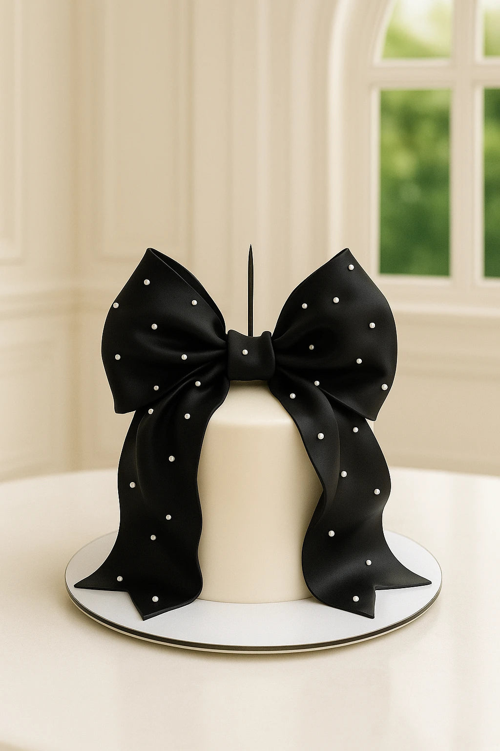 Decorative cake topper with a large black bow featuring white polka dots on a white cake.