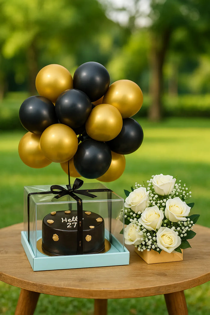 Midnight Birthday Cake Flower & Balloon Hamper