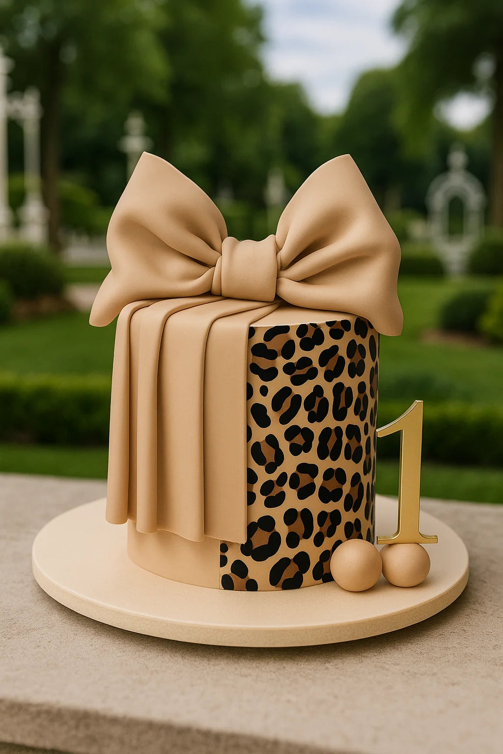 Leopard print cake with a beige bow and number '1' on a wooden base outdoors.