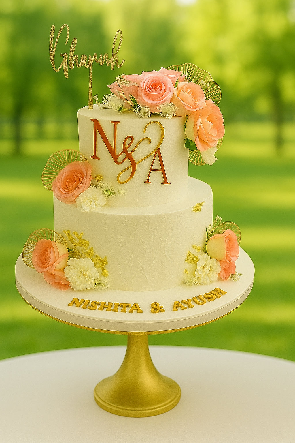 Moonlight Bliss Wedding Cake two tier wedding cake in Meerut by The Baking Kaur — luxury designer finish with elegant details and premium embellishments. Perfect for weddings, engagements, and anniversary celebrations.