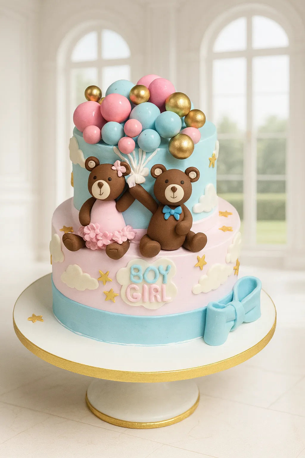 Baby shower cake with teddy bears and balloons on a white stand.