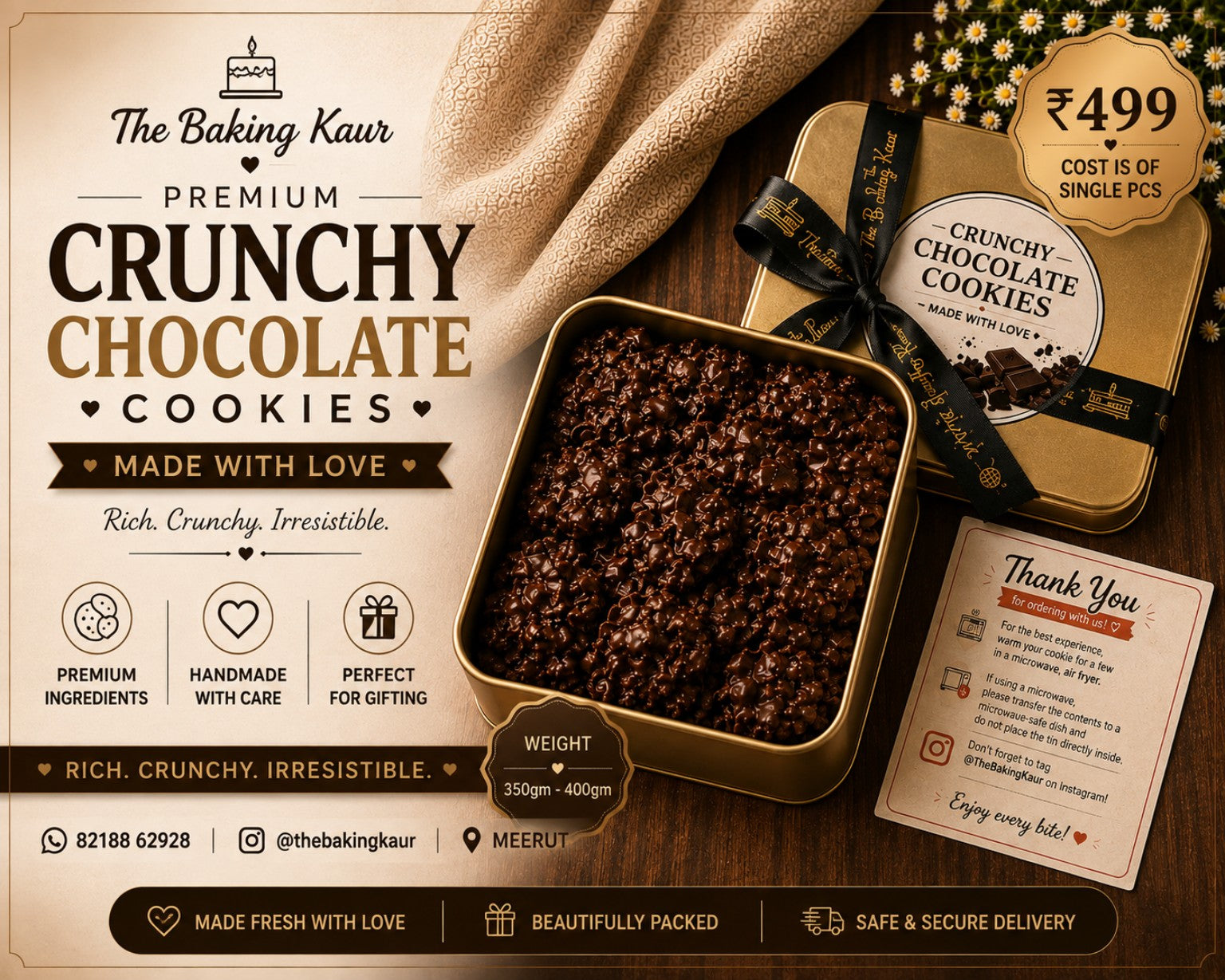 Premium Crunchy Chocolate Cookies in gift tin by The Baking Kaur, Meerut