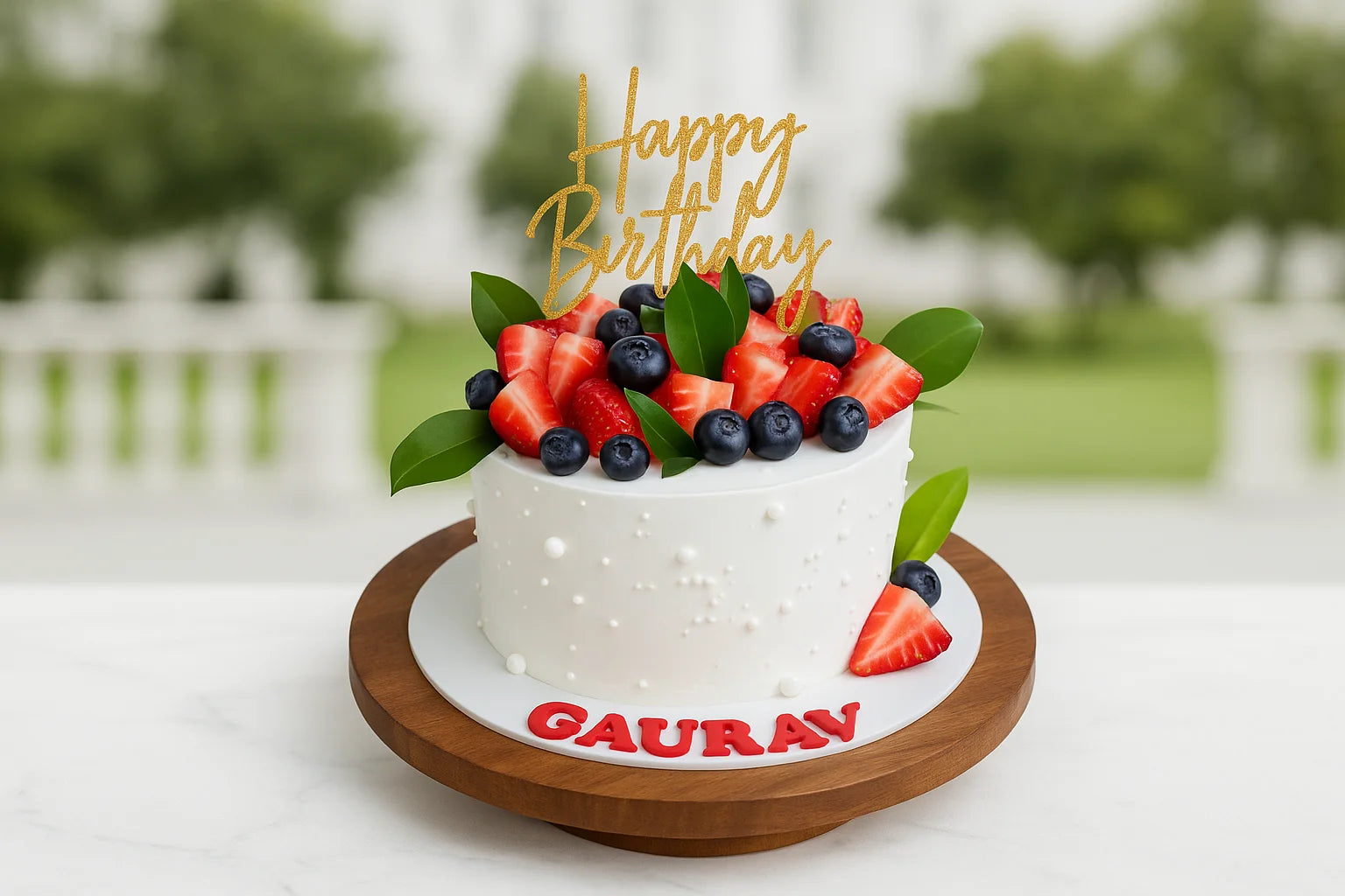 Birthday cake with strawberries, blueberries, and a 'Happy Birthday' topper on a wooden stand.