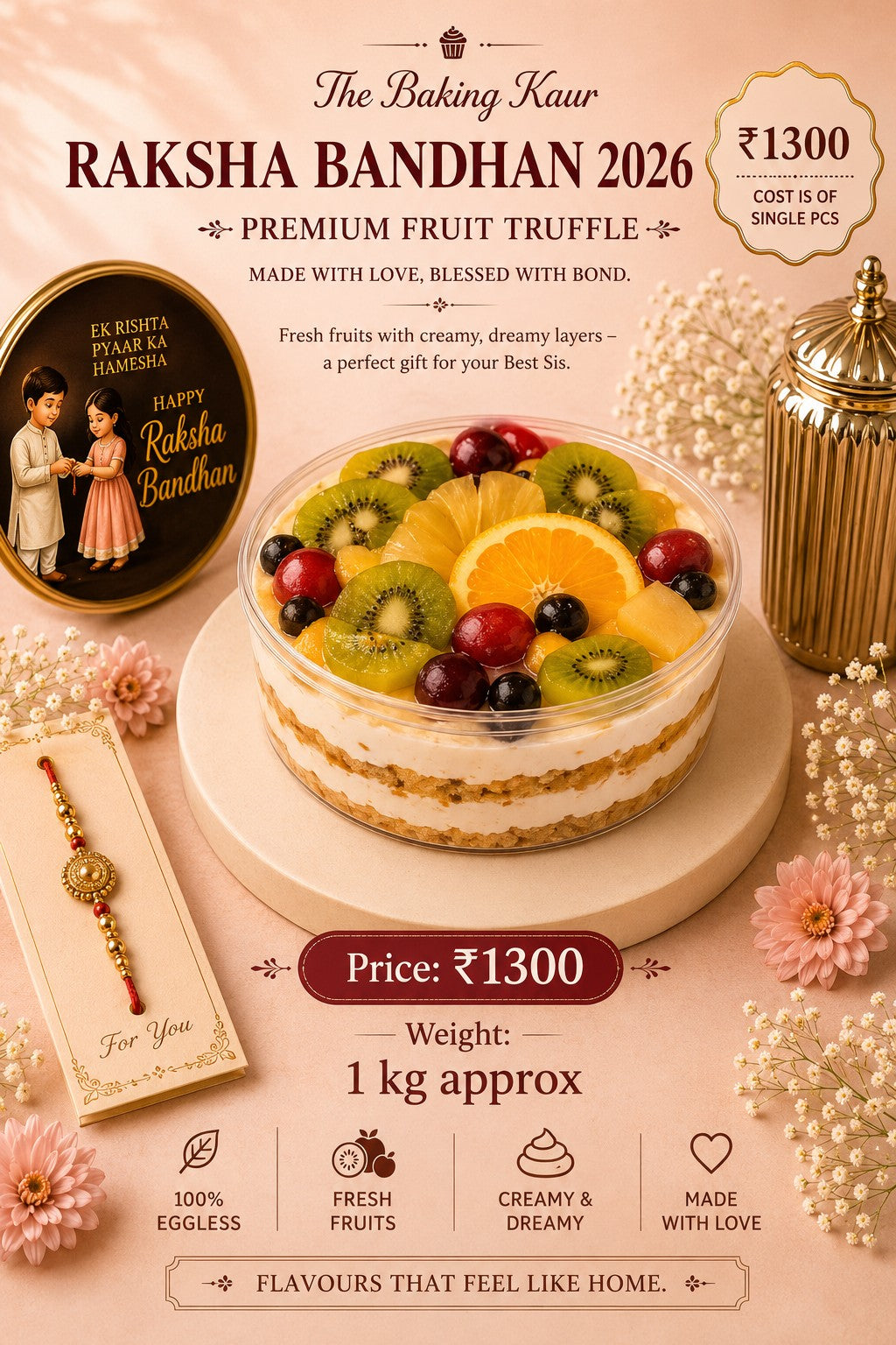 Premium fresh fruit truffle 1kg for Raksha Bandhan gifting in Meerut by The Baking Kaur