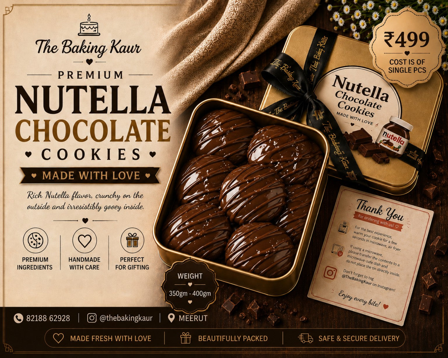 Premium Nutella Chocolate Cookies in gift tin by The Baking Kaur, Meerut