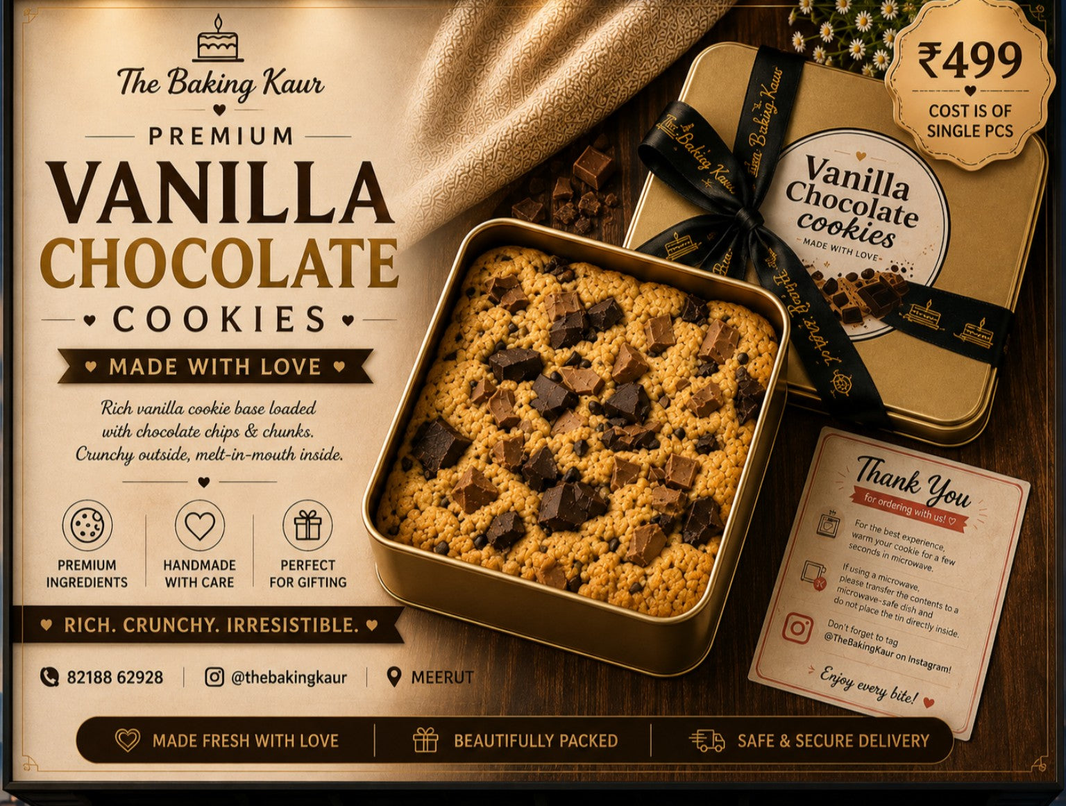 Premium Vanilla Chocolate Cookies in gift tin by The Baking Kaur, Meerut
