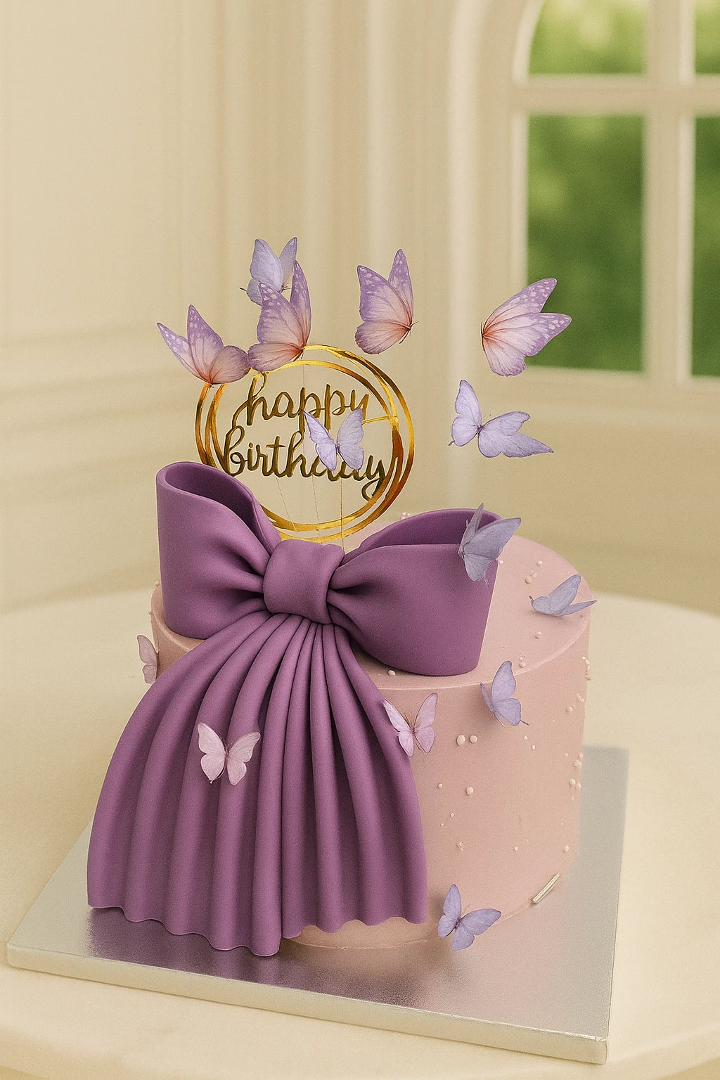 Birthday cake with purple bow and butterfly decorations on a neutral background