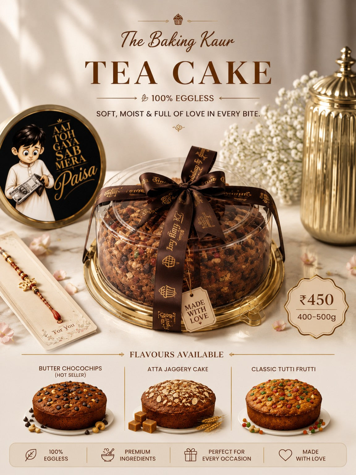 Premium 100% Eggless Tea Cake 400–500g for Rakhi in Meerut - The Baking Kaur