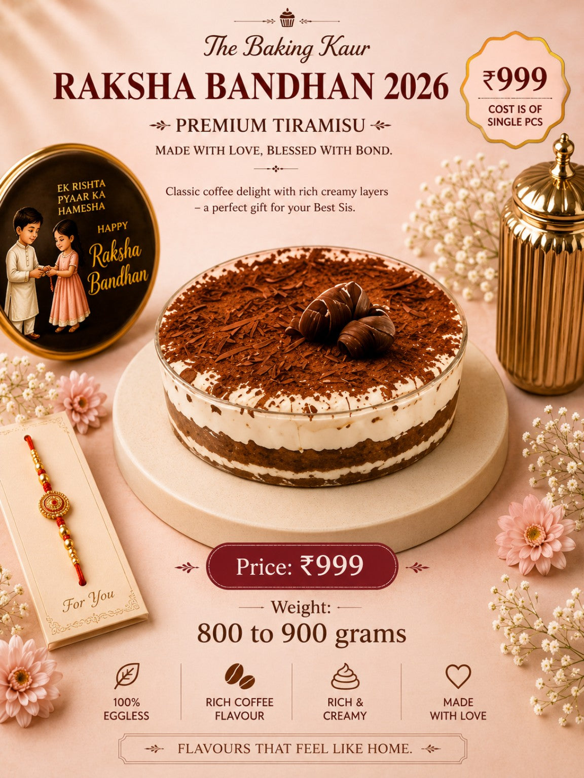 Premium eggless tiramisu 800 to 900g for Raksha Bandhan gifting in Meerut by The Baking Kaur