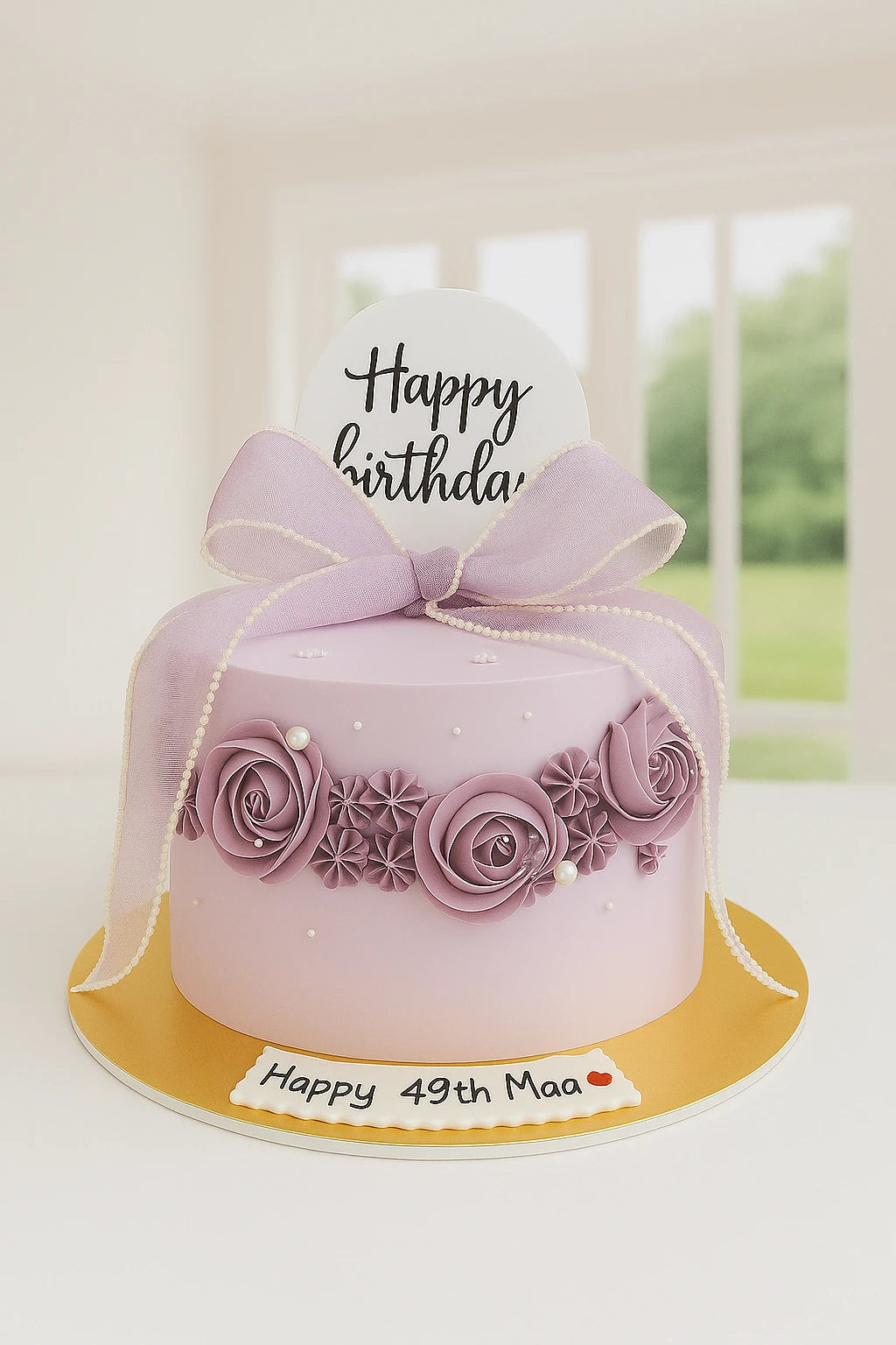 Pink birthday cake with purple roses and a bow, decorated with 'Happy Birthday' and 'Happy 49th Maa' text.