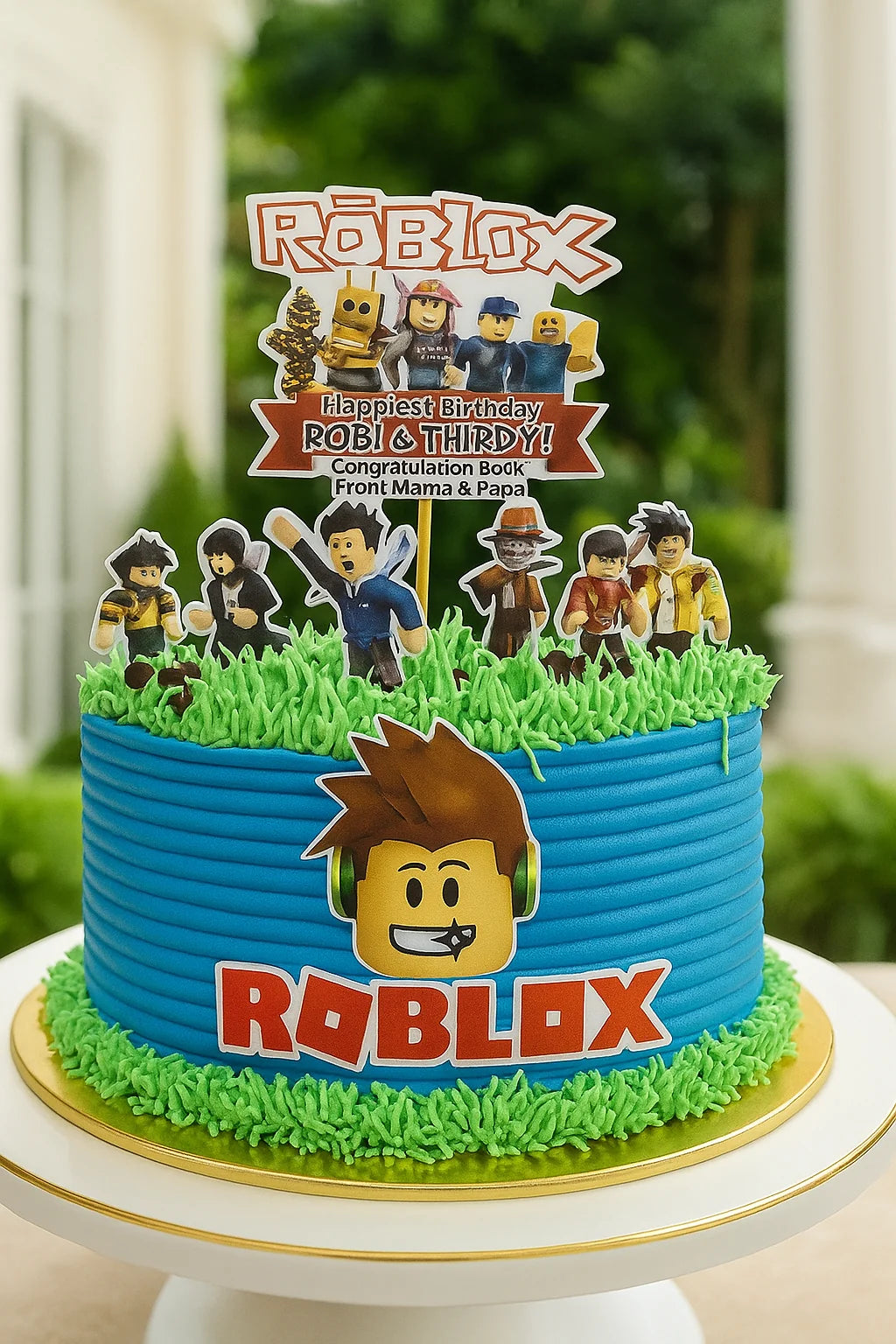 Roblox-themed birthday cake with character figures and decorative elements.
