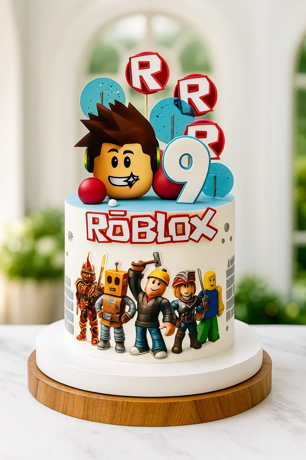 Roblox-themed birthday cake with character figures and colorful decorations on a white background.