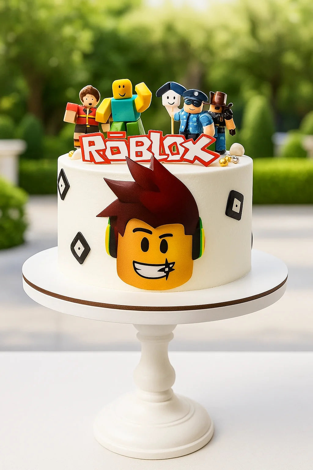 Roblox-themed cake with character figurines on a white cake stand outdoors.
