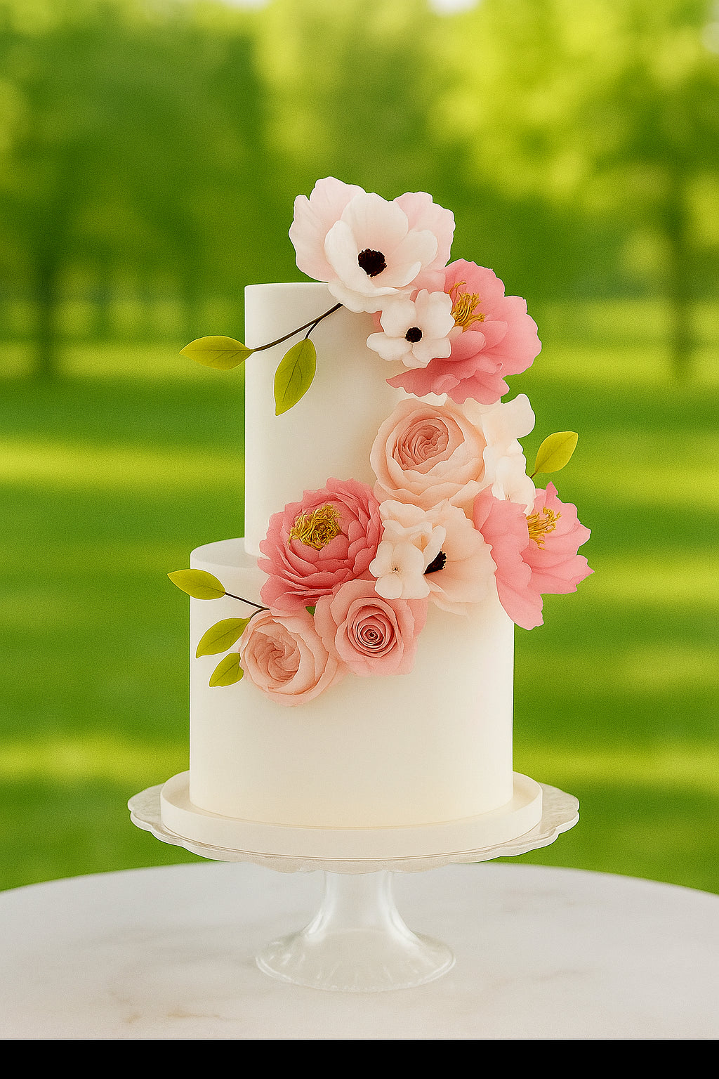 Serenity Blossom Wedding Cake two tier wedding cake in Meerut by The Baking Kaur — luxury designer finish with elegant details and premium embellishments. Perfect for weddings, engagements, and anniversary celebrations.