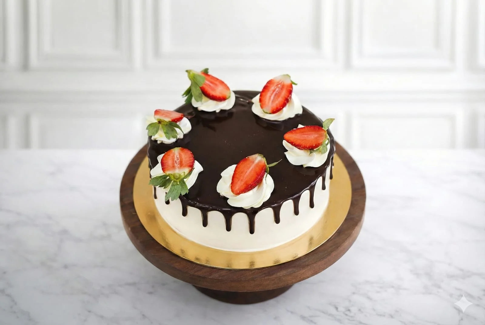 Chocolate cake with strawberries on a wooden stand against a white marble background