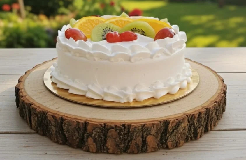 White cake with fruit on a wooden board outdoors