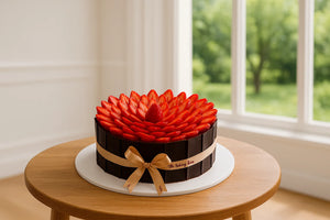 Decorative cake with red flower-like design on a wooden table near a window with greenery outside.