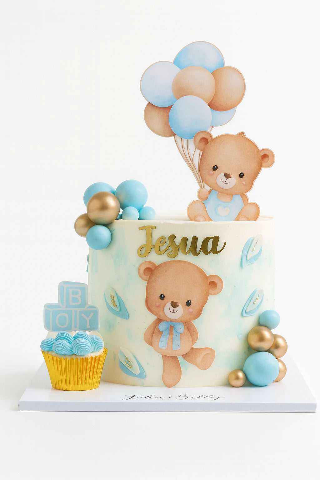 Baby shower cake with teddy bear decorations and balloons on a white background
